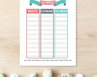 Password Keeper - Password Log - Password Printable - Password Organizer - Password Tracker - Password Book - Letter Size Planner Insert