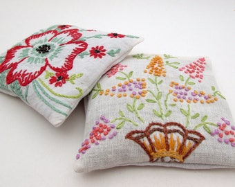 2 Large Dried Lavender Sachets - Vintage Embroidered Linens - Floral - Flowers - drawer - laundry - gift for her - stocking stuffer