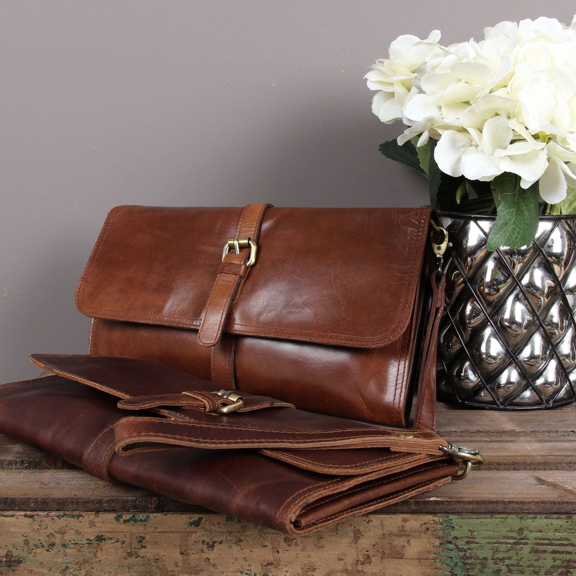 Brown Leather Wristlet Clutch Shoulder Bag Evening Bag