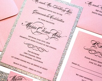 Quinceanera Glitter Invitation Set - Invitation Card, Elegant Invitations, Custom Invitations, Quince Birthday, Quince Party Invite