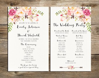 Wedding program printable, Bohemian Pink and ivory Floral Wedding Program Boho Watercolor Flower Ceremony Program digital files - PF-18