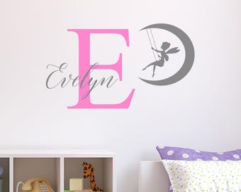 Personalised Fairy Moon Wall Sticker Wall Decal Childrens Kids Nursery Bedroom Playroom Vinyl