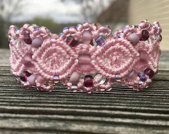 Micro-Macrame Beaded Cuff Bracelet - Lilac