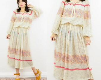 70s Boho dress, peasant dress, hippie dress, cream floral dress, 70s bohemian dress, sheer floral dress, summer dress, 70s floral dress