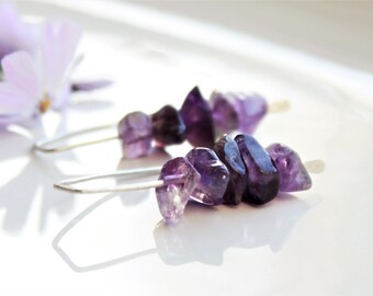 Natural Amethyst Earrings, Sterling Silver, rich purple gemstone threader earrings, hand-forged artisan earrings, holiday gift for her