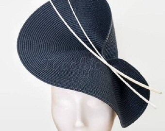 Navy blue fascinator, navy blue wedding hat, blue and white Royal Ascot hat, Navy derby hat, large fascinator, White and blue feathers hat,