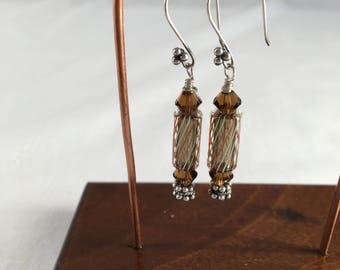Art Glass Earrings Clear with Black and White Stripe Handmade Furnace Glass Beads and Swarovski Crystals