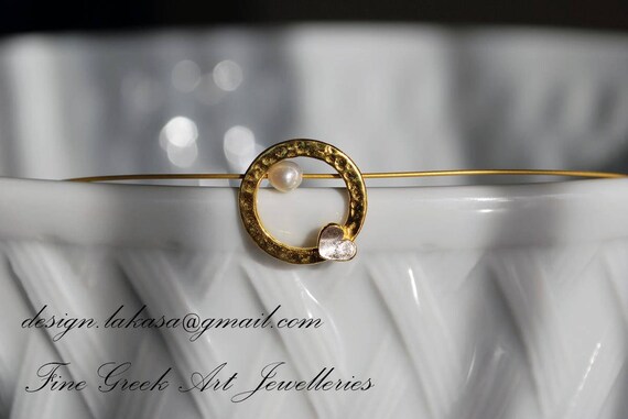 Heart in circle with Freshwater Pearl Necklace Sterling Silver Gold plated Handmade Jewelry Greek Art Love Valentine Gift for her Girlfriend