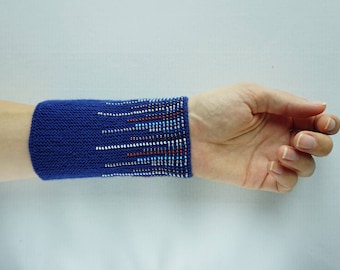 Blue, red and white wrist warmers/ knitted wristlets with beads / woollen cuffs –ready to ship