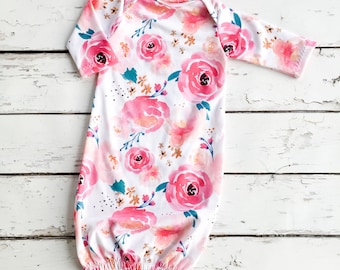 Floral Infant Sleep Gown - Watercolor Layette - Babies First Outfit - Coming Home Outfit - Baby Girl Sleep Sack - Unique Baby Shower Gift
