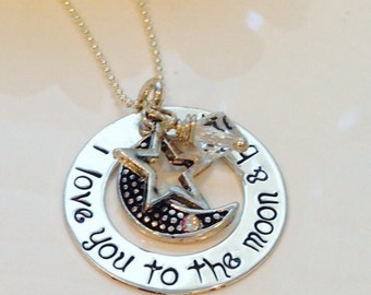 Hand Stamped I love You to the Moon and Back sterling silver necklace-star and moon necklace-mom-mommy necklace