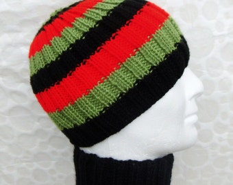 KNITTING PATTERN/ SAM Striped Knit Beanie Hat Pattern /Easy Knit in the Round/Aran Worsted Ribbed Hat Pattern/ Womans Striped Hat/Girls Hat