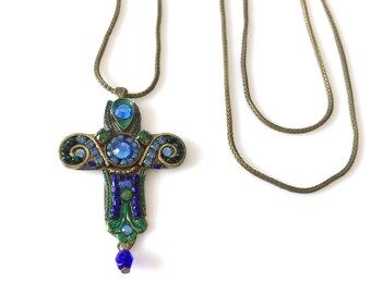 Adaya Pewter Enamel Swarovski Rhinestone Cross Pendant Necklace 22"