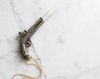 Gun Pocket Knife Necklace Brass Pistol Flintlock