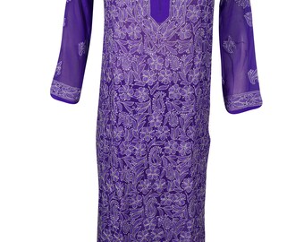 Everyday Purple Ethnic Indian Beautiful Sheer Tunic Floral Full Embroidered Summer Comfy Long Kurti Dress S