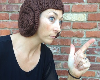Princess Leia Bun Hat - knitting pattern for cap with earflap buns that looks like a Leia wig - funny and warm costume headgear