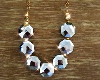 Silver Bead Necklace - Chunky Beaded Statement Necklace MultiStrand in Silver