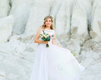Ivory Simple Wedding Dress, Lace Wedding Dress, Boho Wedding Dress, Long Chiffon Wedding Dress, Modern Wedding Gown, V Back Wedding Dress