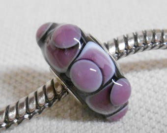 SRA Handmade Lampwork Bead Silver Cored Bead Black with Light Green Design and Raised Dots