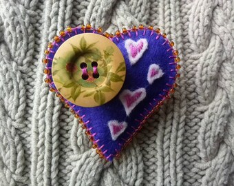 Love Heart, Felt Button Brooch, Beaded, Purple and Pink Felt .