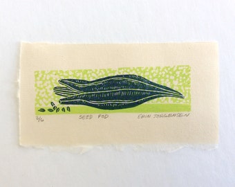 mini linocut - SEED POD // printmaking // block print // nature art // blue, green // original art // small, miniature // seeds // 3x5
