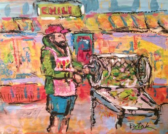 Santa Fe Painting, New Mexico, Chili peppers, chili roaster, by artist Russ Potak