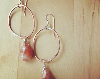PEBBLE hammered recycled copper loops with sunstone briolettes sale was 39