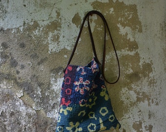 Handbag indigo natural red blue green hippie festival crossbody sustainable rustic minimalist leather earthy kantha sashiko boho yoga bags