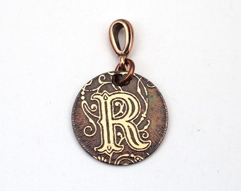 Letter R pendant, small round etched copper initial jewelry 22mm