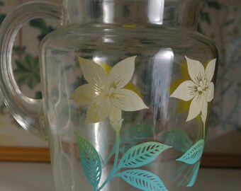 Large Glass Pitcher with Yellow Flowers