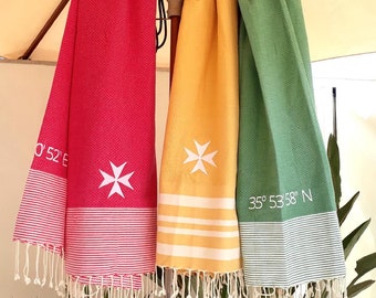 Beach towels with the Maltese Cross and the Coordinates of Valletta / Foutas / Embroidery