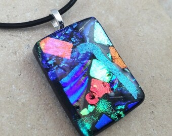 ON SALE Multicolor Mosaic Necklace, Glass Jewelry, Fused Glass Jewelry, Dichroic Pendant, Dichroic Glass Jewelry, Blue Dichroic - HEA265