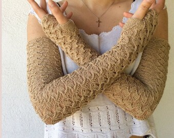 Beige lace long gloves in steampunk style from stretch merino wool Birthday Giff for Her Long Mitten Steampunk Arm Warmers Beige Lace Gloves