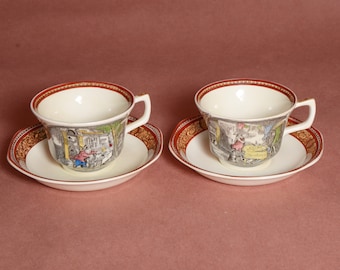 Set of 2 cup and saucer by Adams featuring scenes from "The Pickwick Papers"