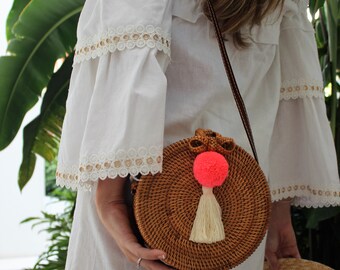 Handmade Rattan Round Bali bag with pom pom and tassel