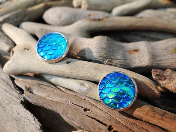 Aqua Turquoise Teal Mermaid Tail Scale Scales Dragon Dragons Iridescent Studs Stud Earring Earrings