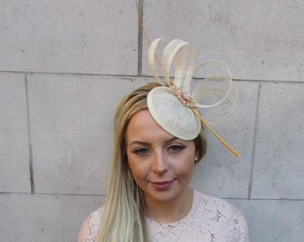 Beige Cream Gold Sinamay Quill Feather Pillbox Hat Fascinator Races Ascot 5166