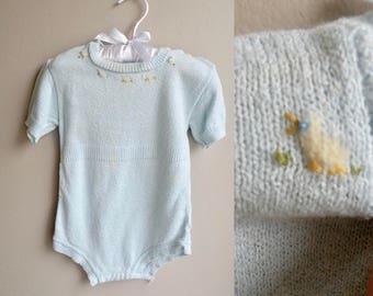 Bébé des années 50 à 70 pull cache-couche chaude une pièce YellowKnit avec ceinture barboteuse - 3-9 m
