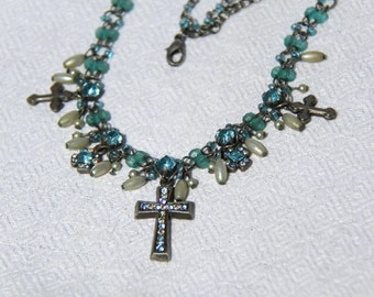 Vtg 90s Blue Cross Necklace