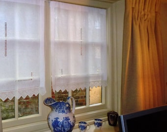 Irish linen curtains, hemstitched curtains with crocheted lace, drawn work curtains