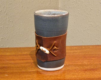 Black tumbler - handless mug with leather wrap