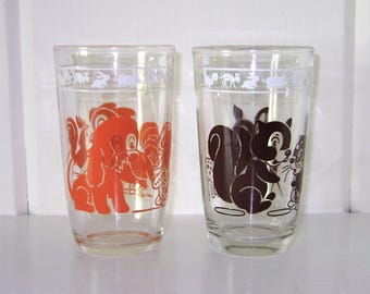 Set of 2 Vintage Kraft Swanky Swig Juice Glasses - Dog/Rooster and Squirrel/Deer - Orange and Brown