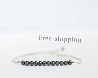 Black hematite bracelet for women, Minimalist gemstone jewelry, Delicate chain bracelet