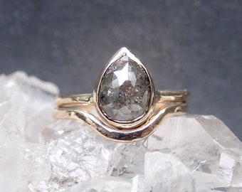 Rose Cut Diamond Ring, Unique Diamond Engagement Ring, Raw Salt and Pepper Diamond Ring, Pear, 14k Yellow, Rose, or White Gold
