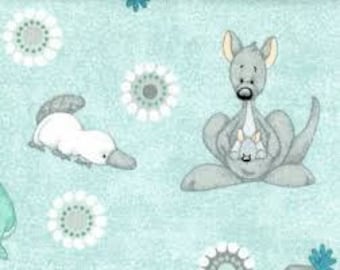 Down Under on teal by KC MICK fabric, By the Half Yard, 45" wide, 100% cotton | kangaroo fabric | novelty fabric | platypus fabric