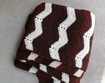 Vintage Afghan Blanket Crocheted Ripple Stripes Chevron Home Decor Brown Cream Fall Winter Style