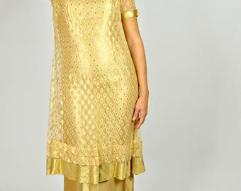 Gold Prom Dress, Metallic Gold Dress, 1950s Long Dress, 50s Long Dress, Gold Lame Dress, Tea Length Dress, Hollywood Glam Dress, Size L,