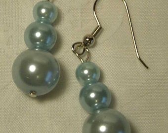 Cynthia Lynn "AFTERNOON TEA" Graduated Pastel Blue Glass Pearl Drop Earrings 1.5"