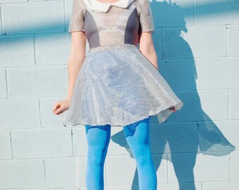 New York Couture Limited Edition SHEER Peter Pan Collar Pastel Grey Stripes Dress