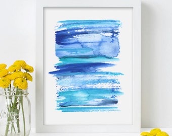 Blue Contemporary Art Watercolor Painting Original Abstract Art Print - Stripe 2